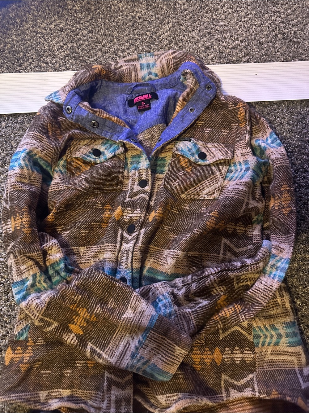 Rock & Roll Cowgirl Brown Southwestern Hooded Shirt Jacket with Teal Accents